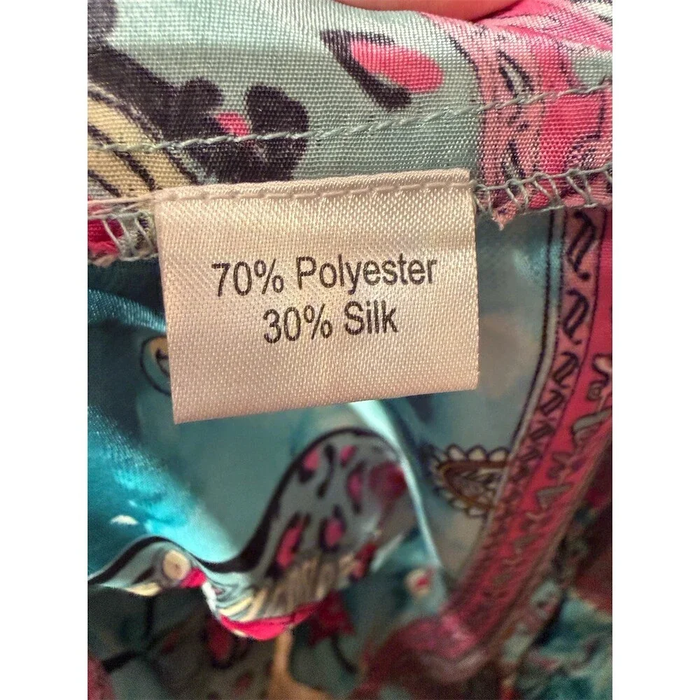 White Waves Maxi Dress Womens L Blue Pink Paisley Boho V-Neck Tie Back - Picture 3 of 4